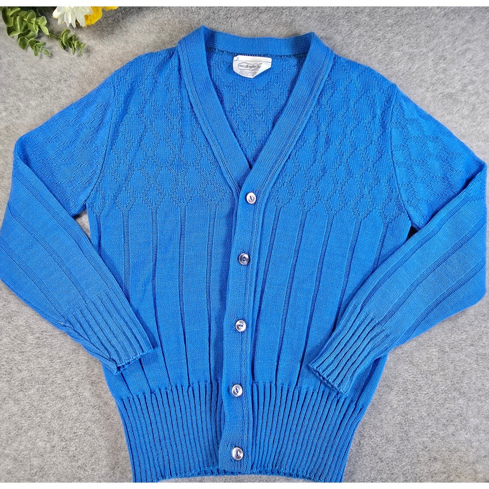 Vintage Cardigan Sweater Blue Retro Ribbed Knit Button Front 70s V-Neck Kids L
